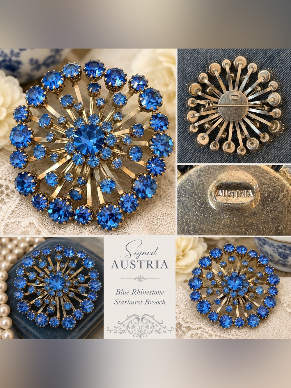 Blue Vintage Rhinestone Starburst Brooch